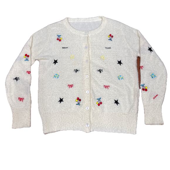 Cashmere&Wool White,Cardigan Sweater, Wmn SzS,embroidery,cottageCore Fuzzy Grany - Picture 2 of 16